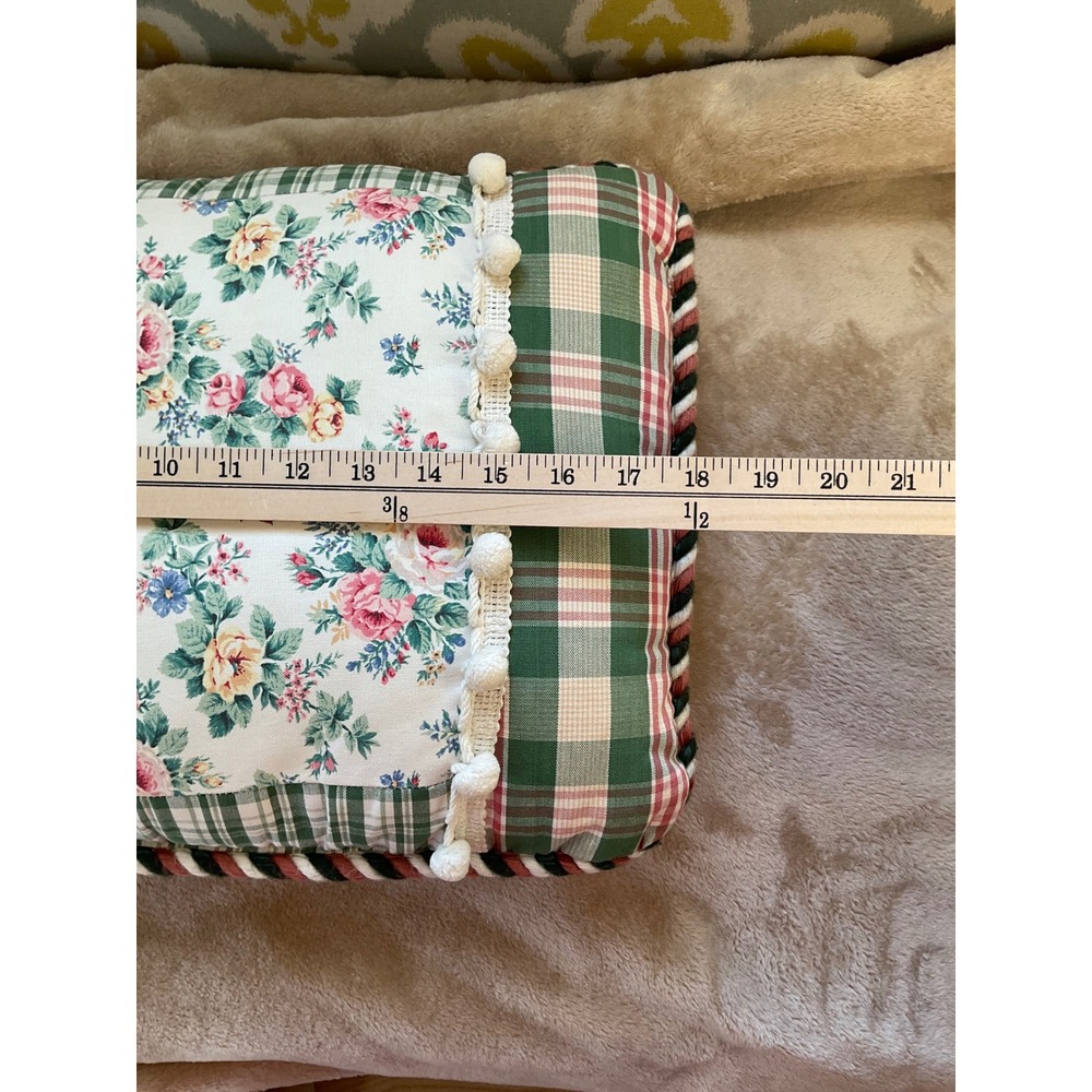 Vintage Floral Plaid Decorative Throw Pillow Pom Pom Trim Rope Edge Green Pink - Picture 10 of 11